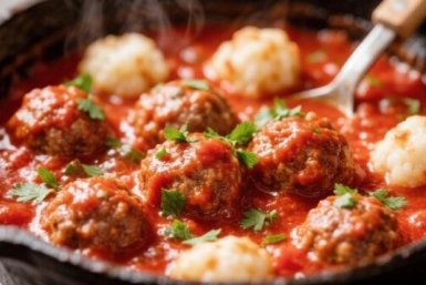 Ароматные фрикадельки в томатном соусе с овощами и клёцками: их секрет - в простом продукте